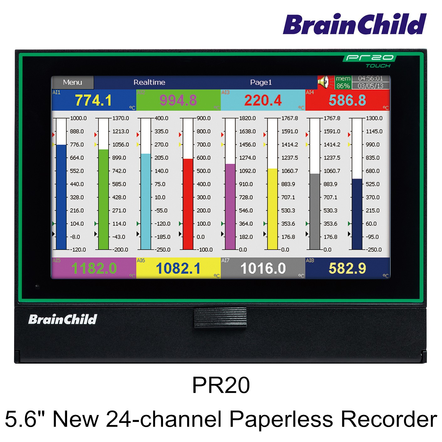 PR20 is 5.6” paperless recorder , TFT, 65K color, touch screen, up to 24 universal inputs,